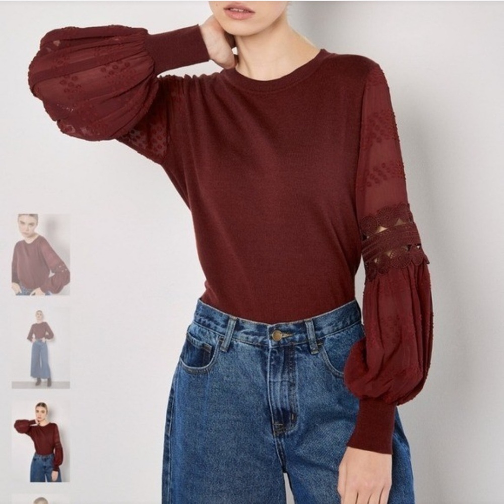 Siani Milano Lace Sleeve Sweater Women's L Burgundy Babydoll Feminine Retro Y2K